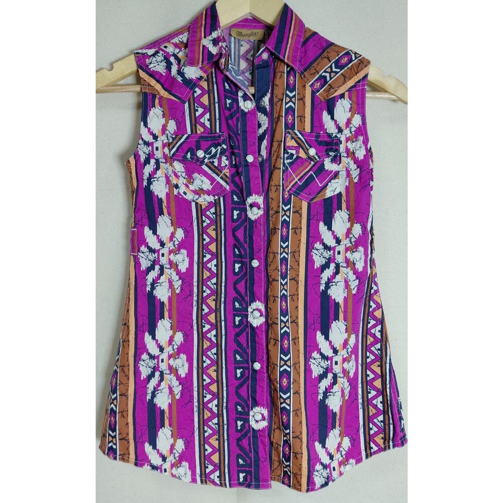 Wrangler Purple Pink Floral Striped Sleeveless Button Front Western Top